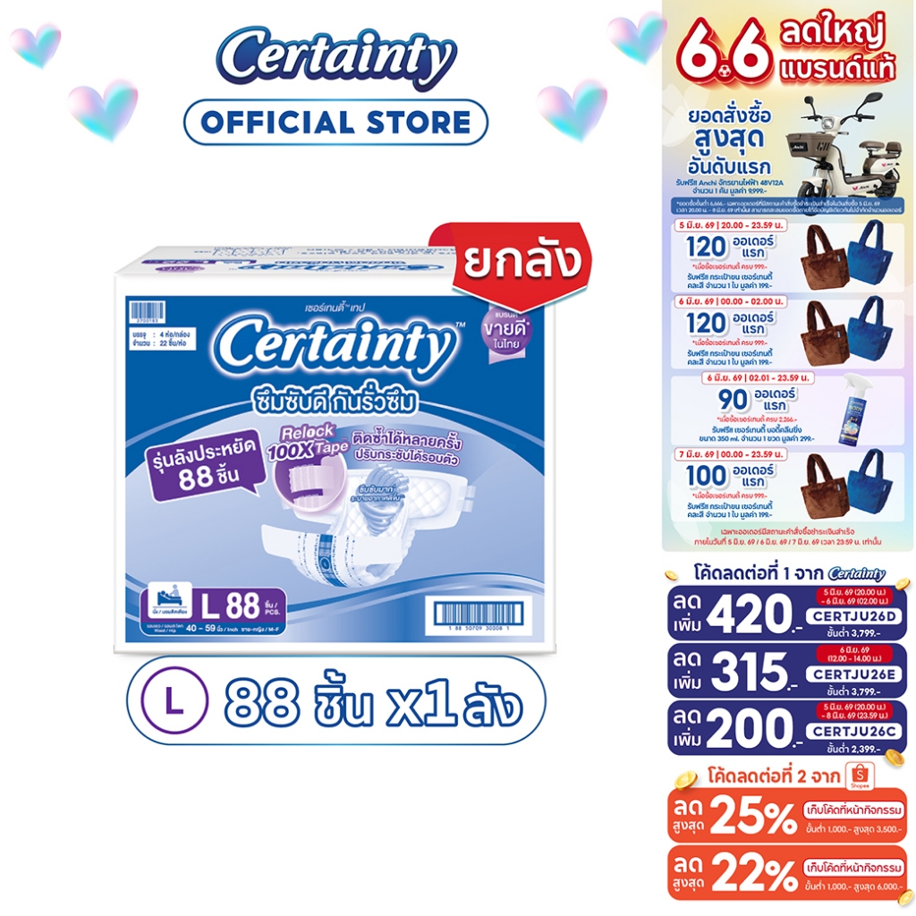 Certainty Tape ผ้าอ้อมผู้ใหญ่แบบเทป เซอร์เทนตี้ เทป ลังซุปเปอร์เซฟ ไซส์ L 88 pcs
