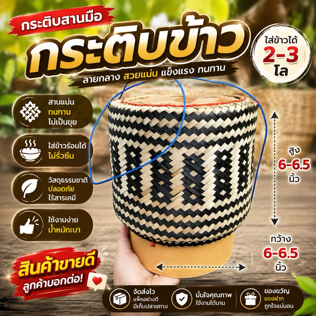 กระติบข้าวเหนียว 6.5นิ้ว ย้อมสี ฟรีผ้าขาวไม้ไผ่แข็งแรงทนทาน