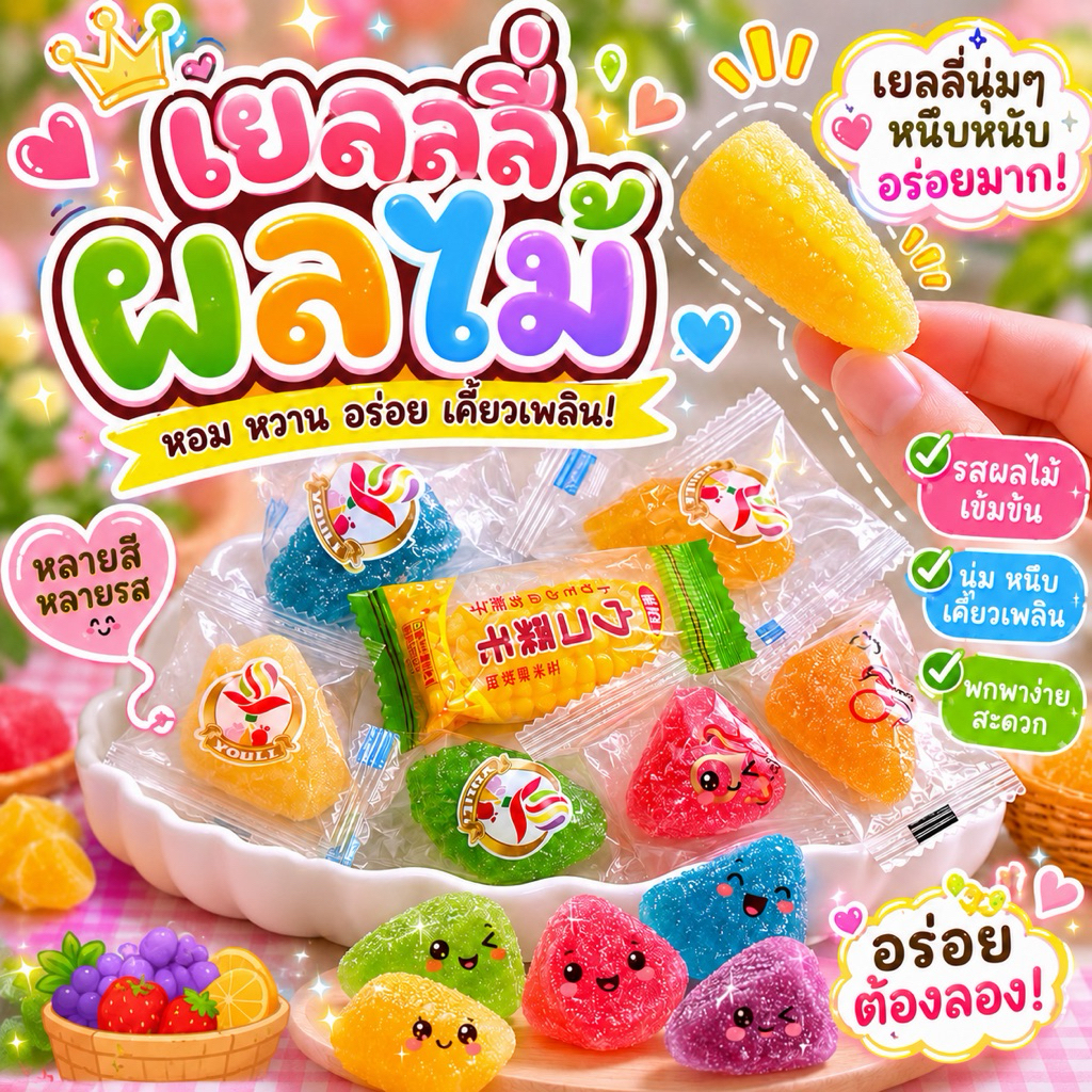 เยลลี่ผลไม้จัมโบ้ มะม่วง บลูเบอร์รี่ สตอเบอร์รี่ ส้ม แอปเปิ้ล เลม่อน องุ่น