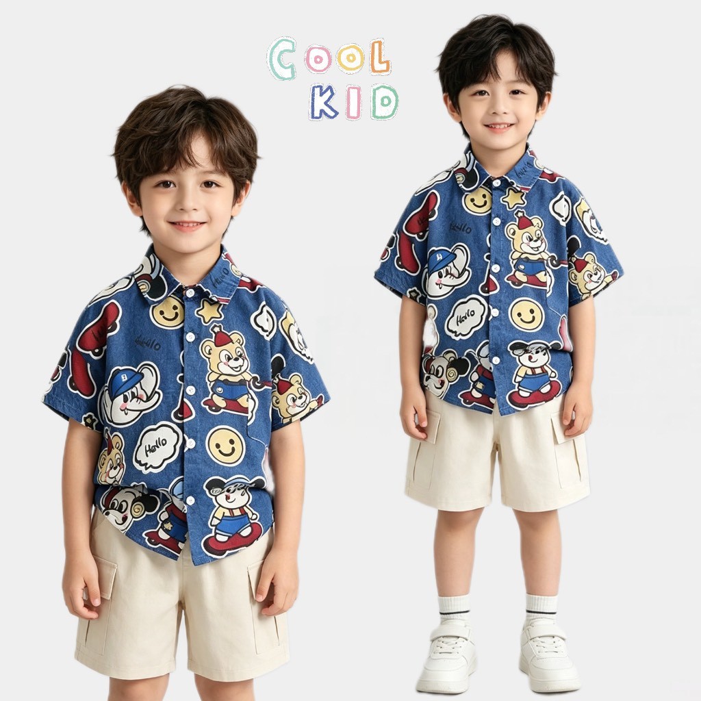 BB306 ชุดเด็กฤดูร้อน เสื้อเชิ้ตลายการ์ตูนหน้ายิ้ม