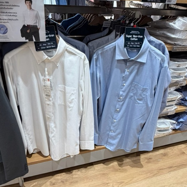 uniqlo 100% S M L XL XXL (ผู้ชาย) เสื้อเชิ้ตทางการรุ่นแนะนำ slim fit super-non iron ไม่ต้องรีด ของแท