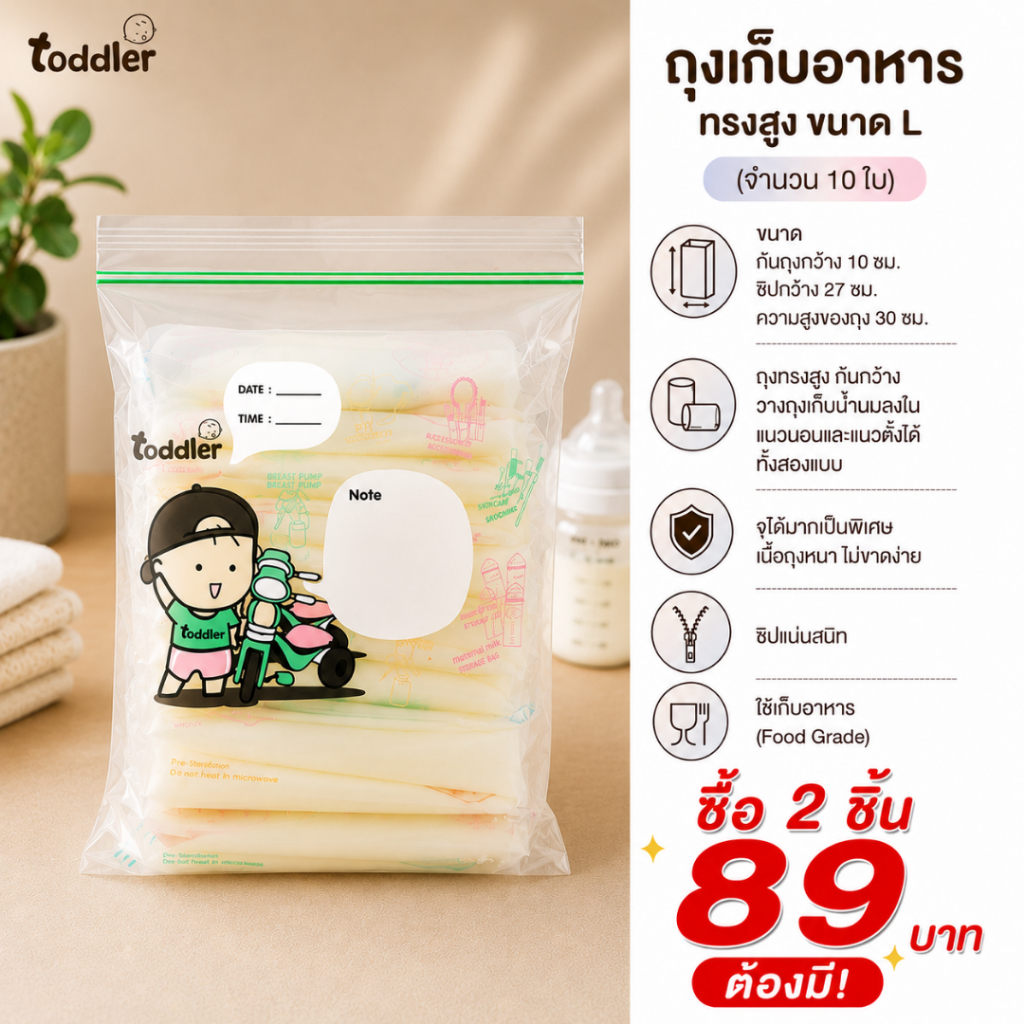 (หนาพิเศษ) Toddlerfamily ถุงซิปล็อคจัดเรียงสต๊อก ถุงซิบเก็บอาหาร ถุงซิปตั้งได้ ขนาด L (แพคละ 10 ใบ)