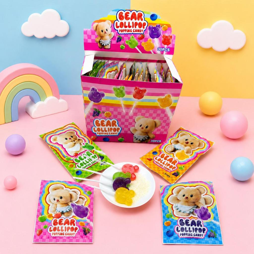ลูกอม อมยิ้ม หมีแบร์โลลิป็อป รสผลไม้ 4 สี 1 กล่อง 30 ชิ้น ขนม ออก ใหม่