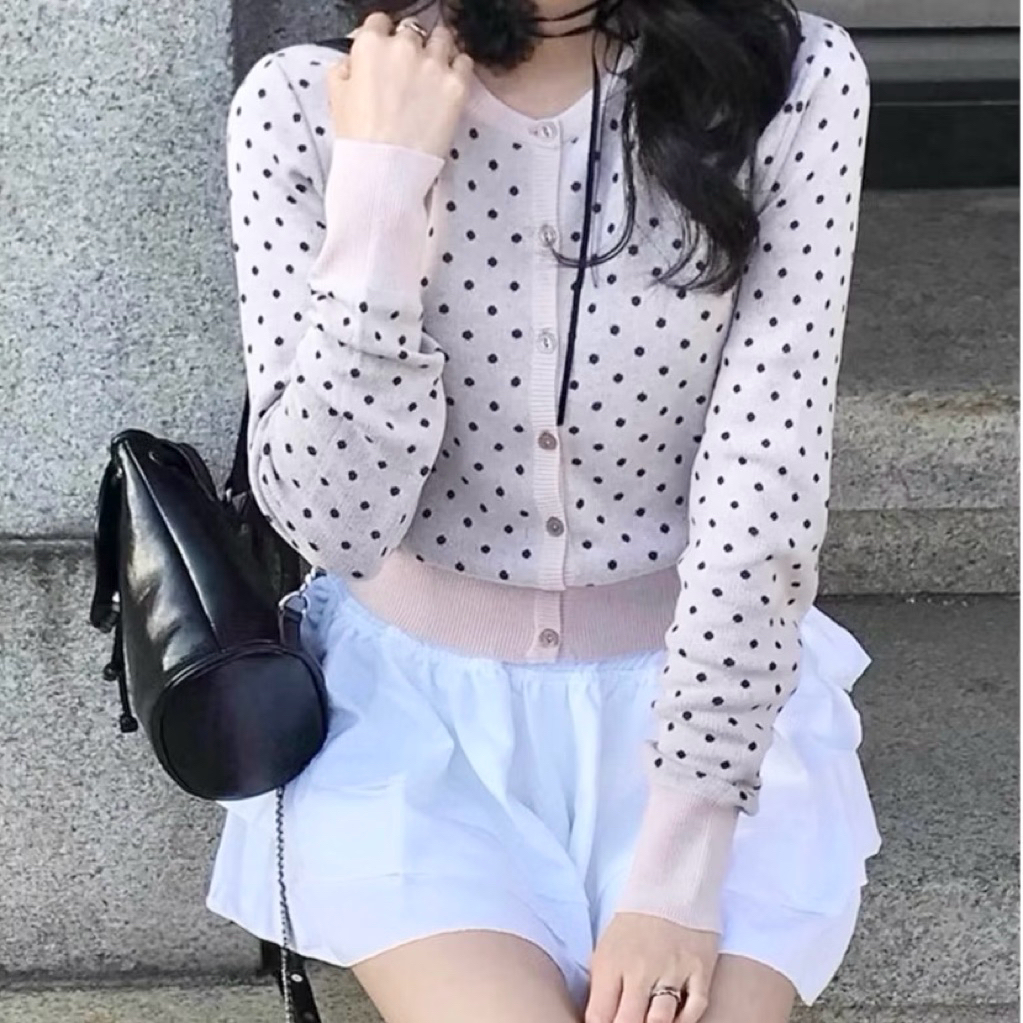 🤎Minnie soft polka dot cardigan เสื้อกันหนาว คารดิแกน ลายโพก้าดอท ลายจุด หนานุ่ม สไตล์เกาหลี10555