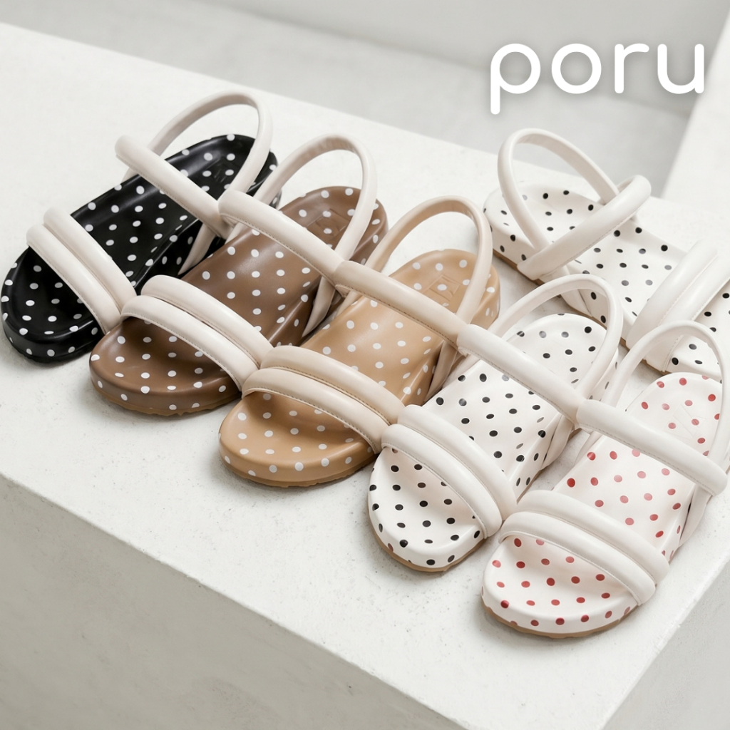 รองเท้าแตะรัดส้นผู้หญิง รองเท้าแฟชั่นเกาหลี ลายจุด Polka Dot สายบุนุ่ม ใส่สบาย ทรงมินิมอล แมทช์ง่าย รองเท้าไปเที่ยวทะเล