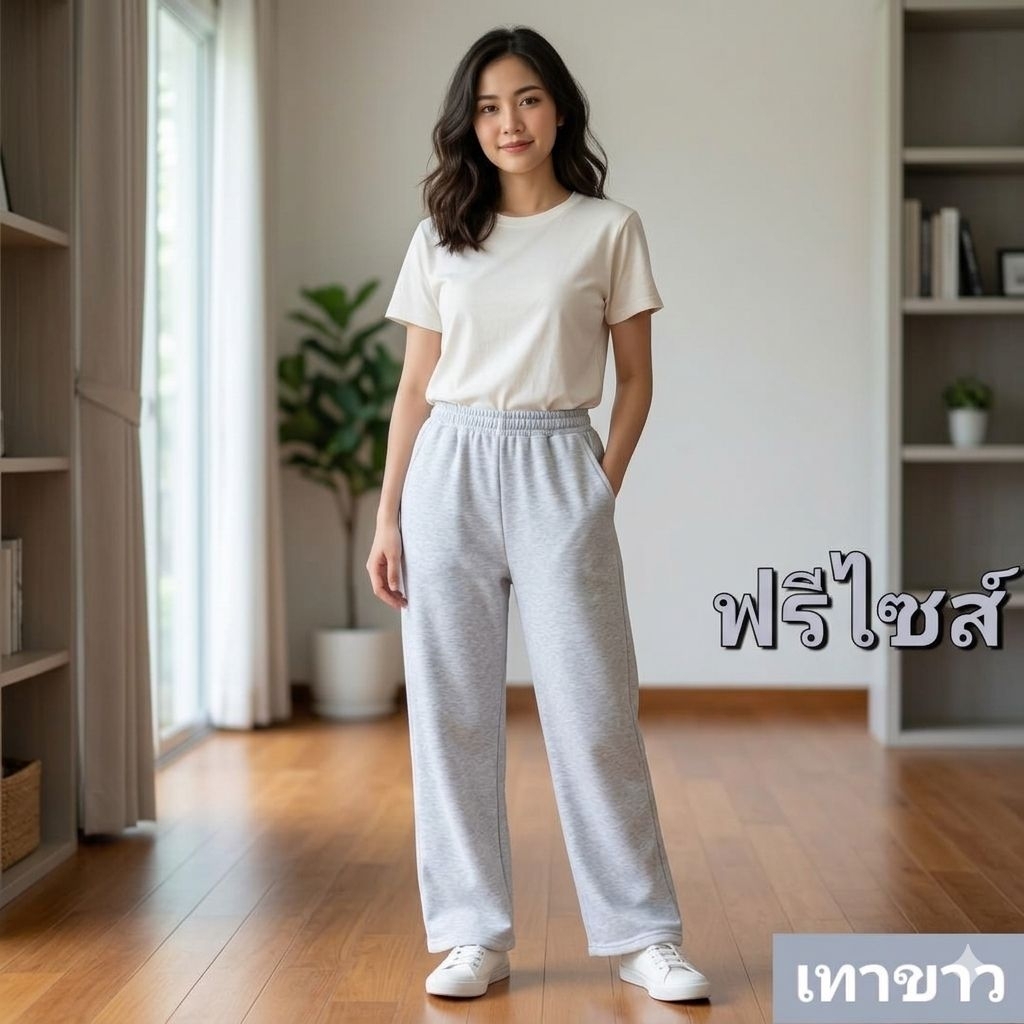 กางเกงขายาวผ้าสำลีขาปล่อย เอวมีเชือกผูกเชือกอยู่ด้านในใส่ได้ทั้งผู้หญิงผู้ชาย