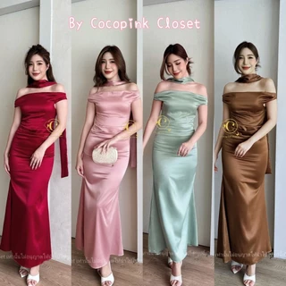👑C;5065:ชุดราตรี(+ผ้าพันคอ)เดรสยาวปาดไหล่ใส่ออกงาน พรางแขนพรางหน้าท้องผ้าเงาซาร่า