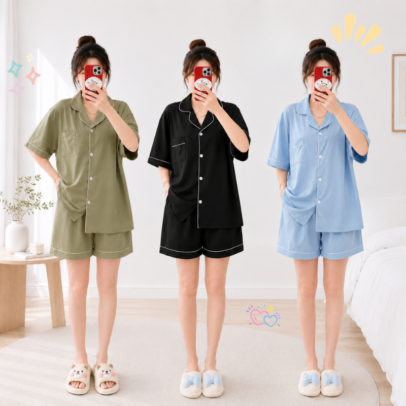 ชุดเซ็ทนอน เสื้อคอปก แขนสั้น ดีเทลกระดุมหน้า กางเกงขาสั้น สีพื้น ทรงโอเวอร์ไซส์ ผ้าคอตตอนผสม เนื้อผ้