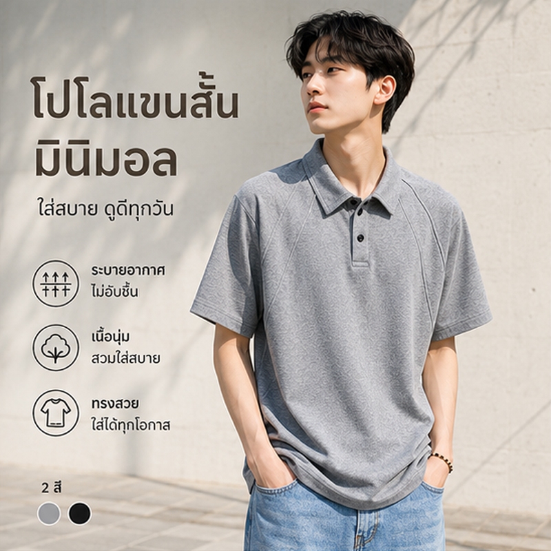 เสื้อโปโลชาย เสื้อคอปก สีพื้น เสื้อโปโลคอปก หลวมง่ายอินเทรนด์ ดีไซน์แบบแร็กแลน ใส่สบาย ทรงสวย