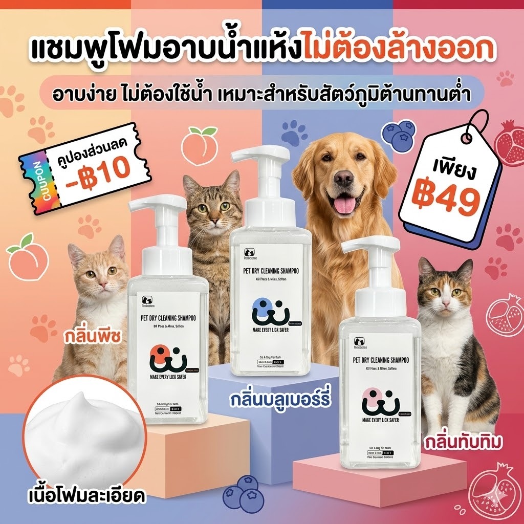 Ketzuzu โฟมอาบน้ำแห้งสัตว์เลี้ยง แชมพูแมว โฟมอาบน้ำสุนัข กำจัดกลิ่นตัว ขนนุ่มเงางาม หอมยาวนาน ทำความสะอาดง่าย ไม่ต้องล