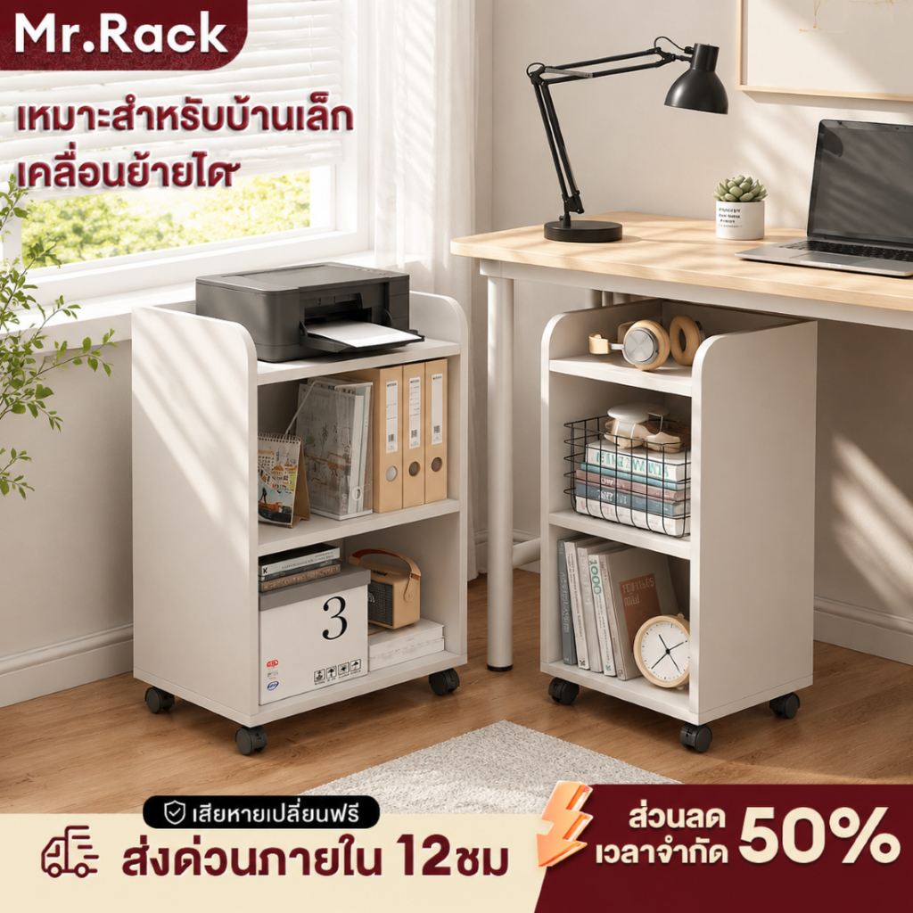 MR ตู้เก็บของ ตู้เตี้ย มีล้อ มีประตู จัดเก็บของแบบหลายชั้น สามารถวางไว้ใต้โต๊ะได้ ไม่เปลืองพื้นที่