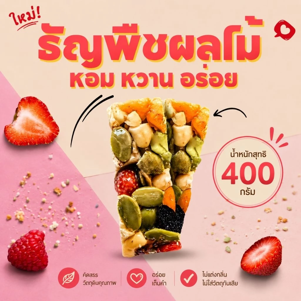 (400กรัม)ธัญพืชผลไม้ อัดแท่ง !! หอม กรอบ หวาน เปรี้ยว ไม่เลี่ยน ไม่หืน รสชาติไม่เหมือนใครอร่อยลงตัว