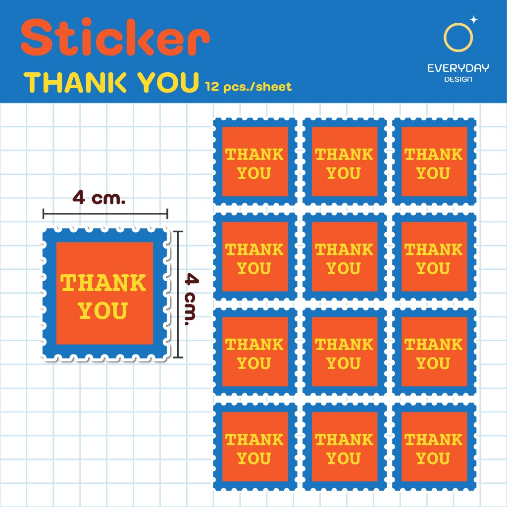 สติ๊กเกอร์ "Thank you" Sticker PVC ไดคัท 50% ขนาด 4*4 ซม. 12ดวง/แผ่น พร้อมส่ง l By.EverydaySticker