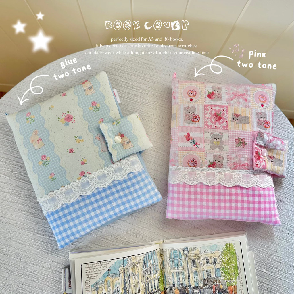 Book Cover ปกหนังสือผ้า ขนาด B6, A5 ลายทูโทน แต่งลูกไม้ | Jolie Aimer