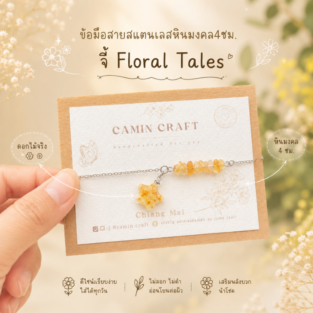 • CAMIN CRAFT • สร้อยข้อมือจี้รุ่น Floral Tales + หินมงคล 4 ซม. สายสแตนเลส