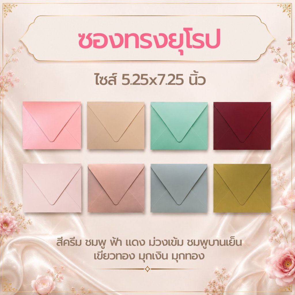 ซองทรงยุโรป ซองใส่การ์ดแต่งงาน การ์ดเชิญ กระดาษหนา ** เกรด AAA++  Premium** ขนาด 5.25 x 7.2 นิ้ว แพ็ค 50 ใบ
