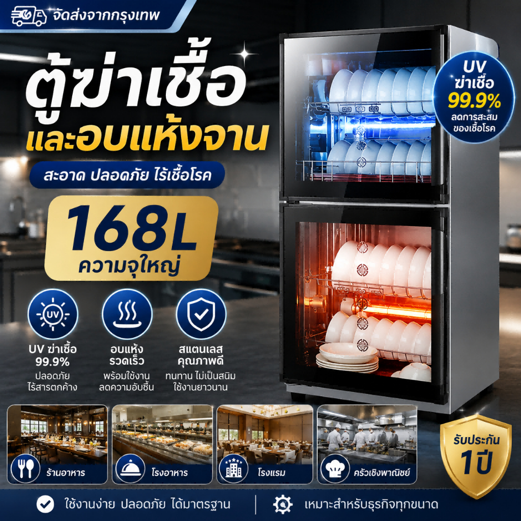 ตู้ฆ่าเชื้อและอบแห้งจานอัตโนมัติ เครื่องอบจานฆ่าเชื้อ UV ตู้อบจานสแตนเลส ความจุใหญ่ สำหรับร้านอาหาร โรงแรม คาเฟ่ และครัว