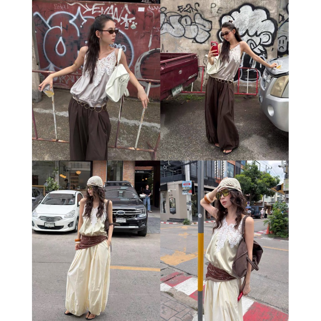 Glamorg1061-สายเดี่ยวผ้าซาติน แต่งลูกไม้ช่วงอก จั๊มเอว