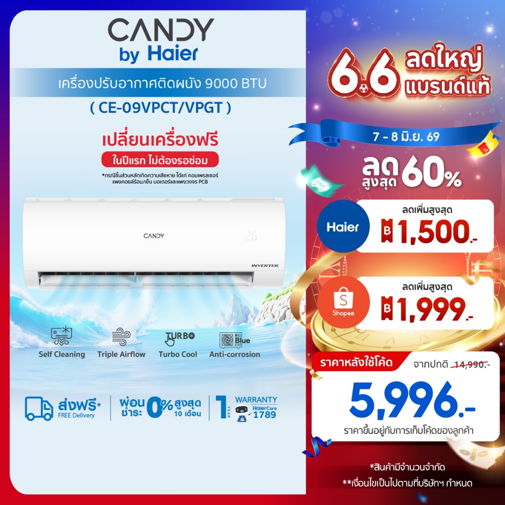 [Best Selling]CANDY เครื่องปรับอากาศติดผนัง อินเวอร์เตอร์ รุ่น VPCT/VPGT Series