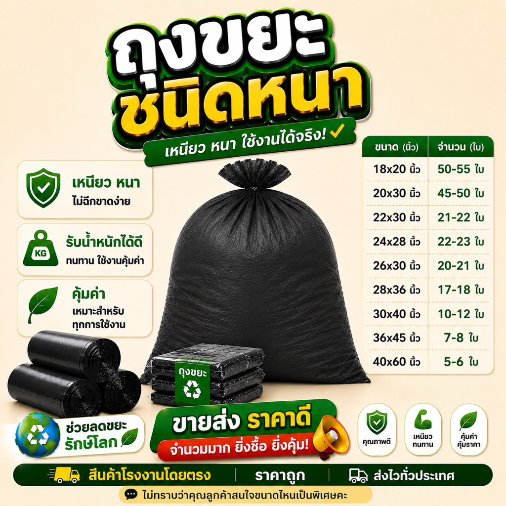 ถุงขยะ หนาพิเศษเกรด A เนื้อเหนียวหนาแน่น บรรจุ1แพ็ค/1กิโล