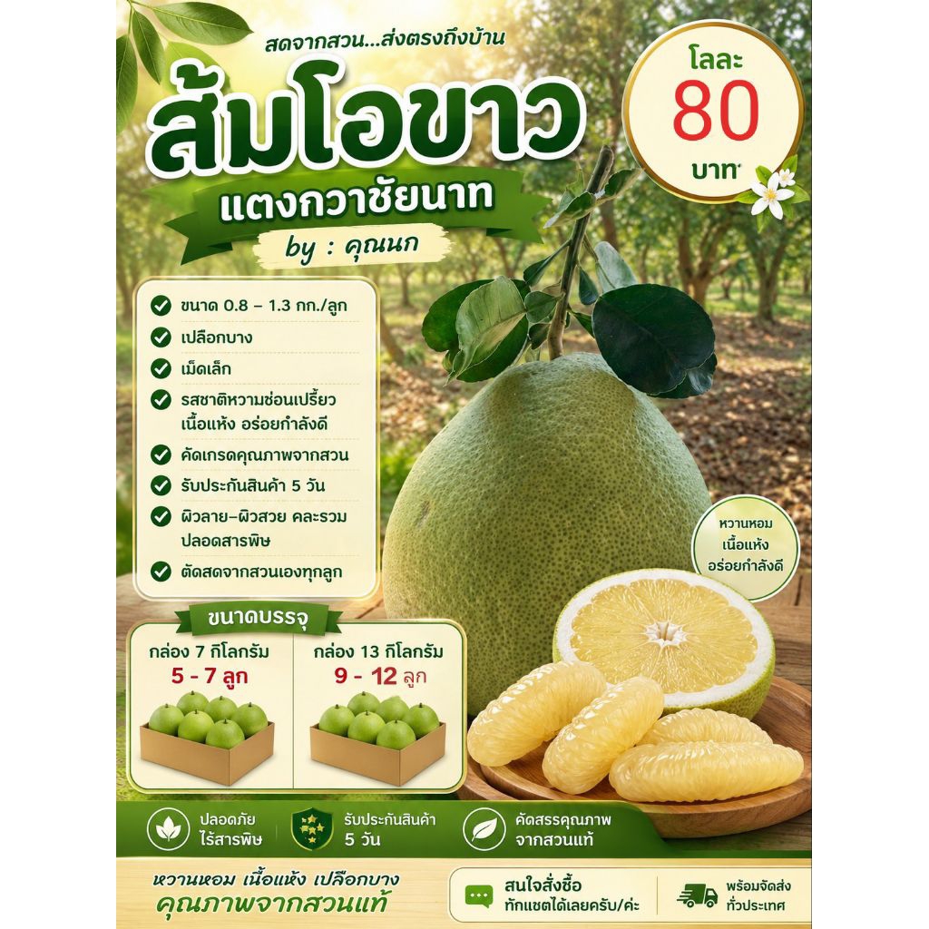 ส้มโอขาวแตงกวาชัยนาทแท้ กล่อง7กิโลมี 5- 6ลูก
