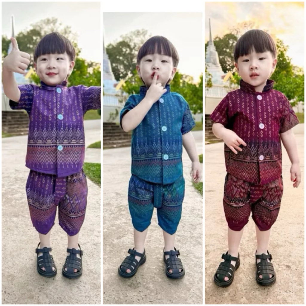 ชุดไทยเด็กชาย คอจีน งาน3ชิ้น แถมผ้าคาด