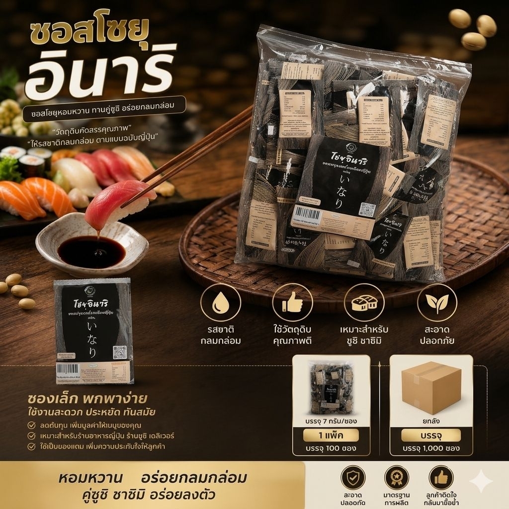โชยุ แบรนด์ อินาริ สูตร 2 ซองดำ 6 G./ซอง (100 ซอง/แพ็ค) ยกลัง 1000 ซอง หอม หวาน  เค็มนำ อร่อยลงตัว