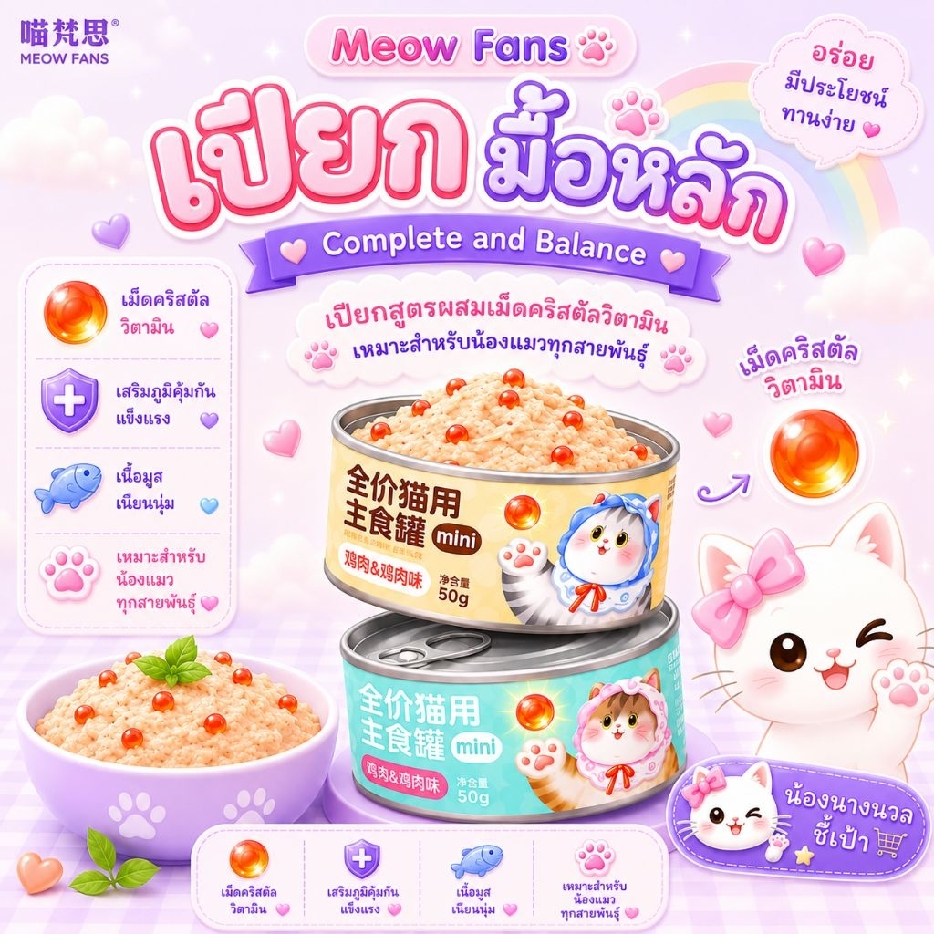 Meow Fans อาหารเปียกแมว Complete and Balance ผสมเม็ดคริสตัลวิตามิน เปียกมื้อหลัก เนื้อมูสเนียนนุ่ม เสริมภูมิคุ้มกัน