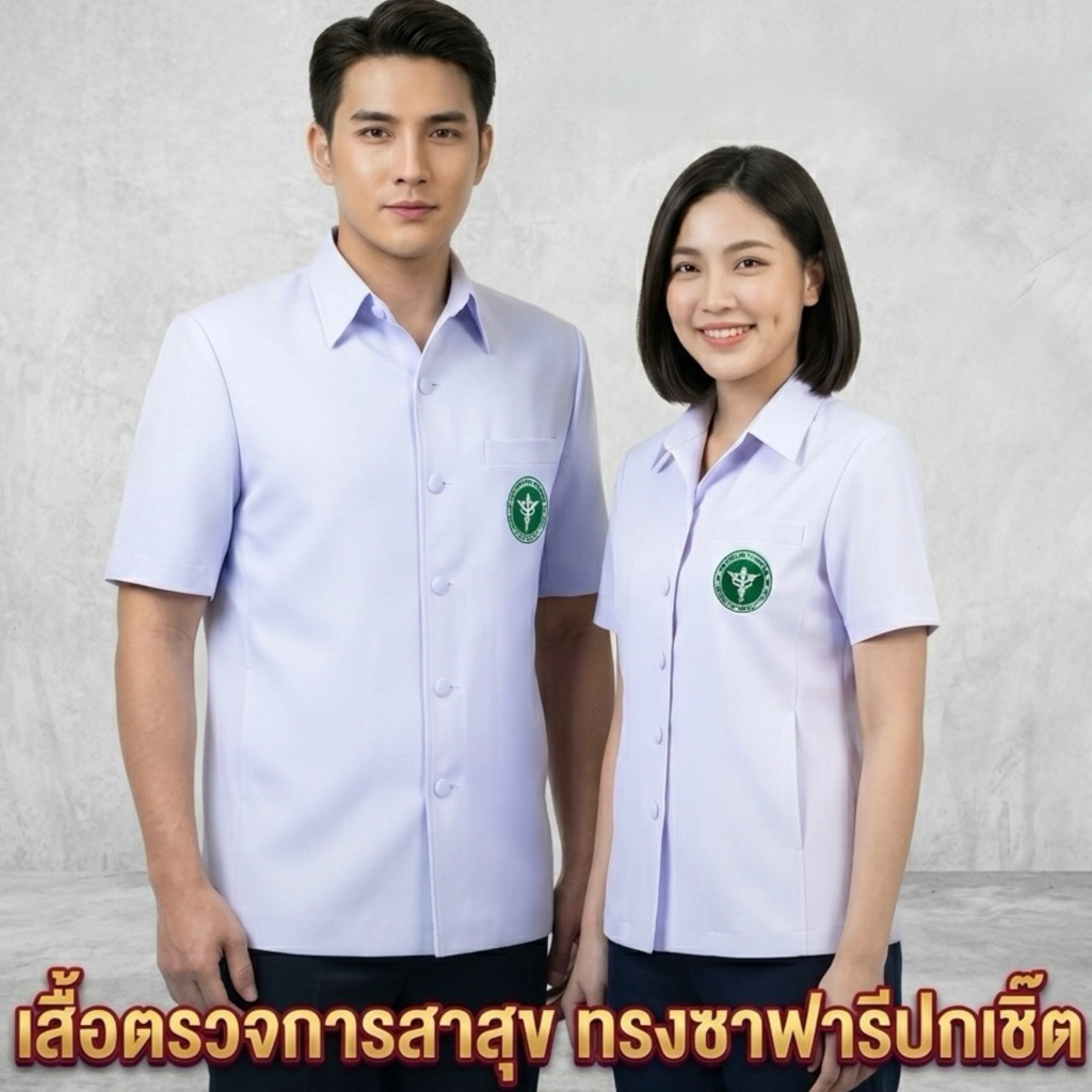เสื้อตรวจการสาธารณสุข เสื้อซาฟารีสูทสาธารณสุข ทรงสูทปกเชิ๊ต ชาย-หญิง ผ้าวาเลนติโน่ สีขาวโอโม่ ราคาถูก