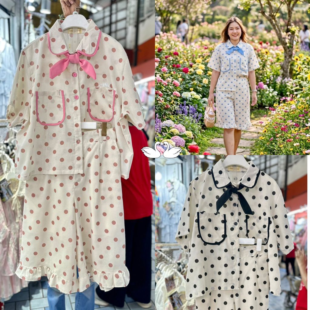 ชุดเซ็ทแฟชั่นสาวอวบงานผ้าฝ้ายลายจุดน่ารัก🩷🩵 เสื้อผูกโบว์+กางเกง4ส่วน ราคาถูก Shopee Lazada