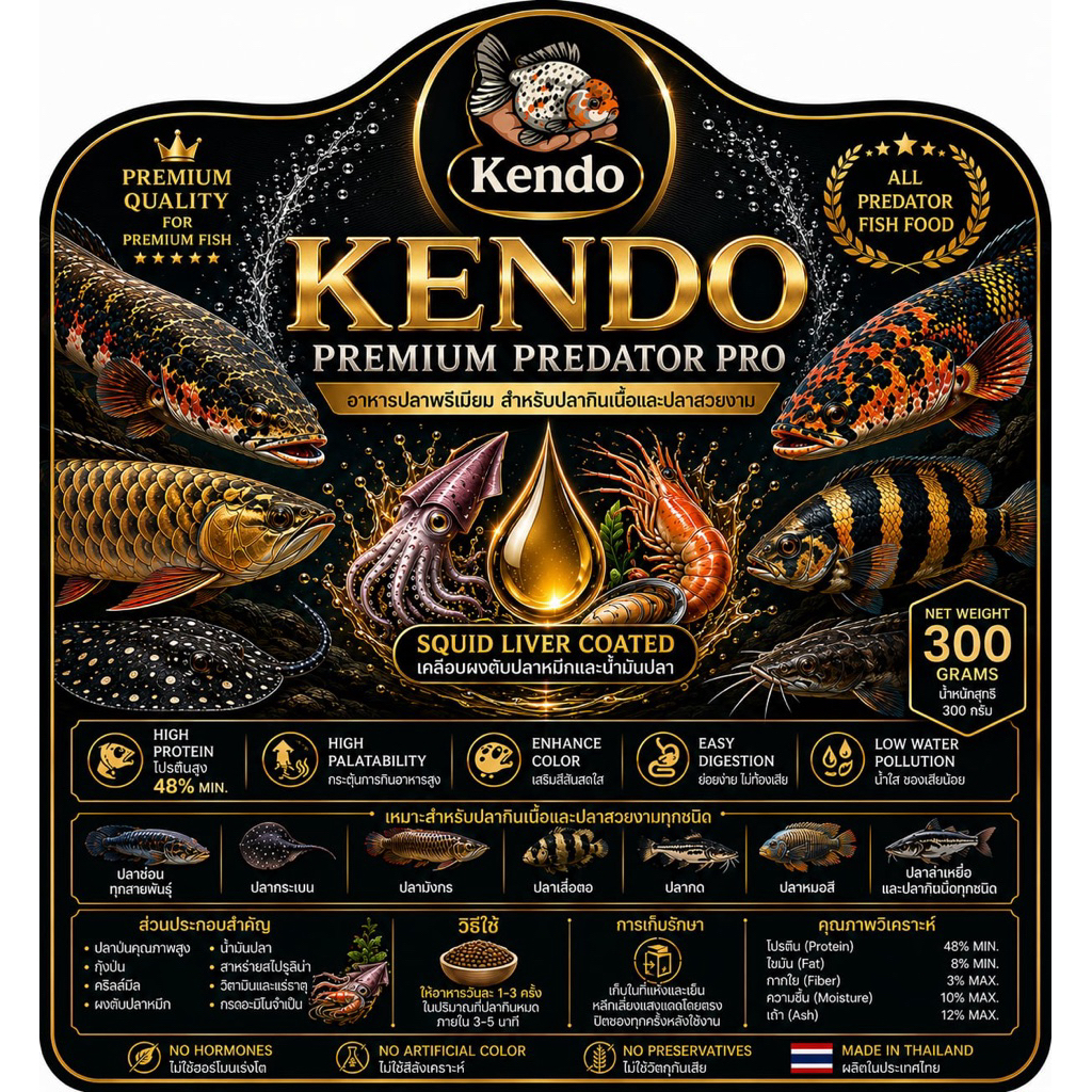 KENDO Premium Predator Pro อาหารปลากินเนื้อ โปรตีน 48% มีทั้งเม็ดจมและเม็ดลอย เร่งโต เร่งสี ปลากินดี ย่อยง่าย 300G