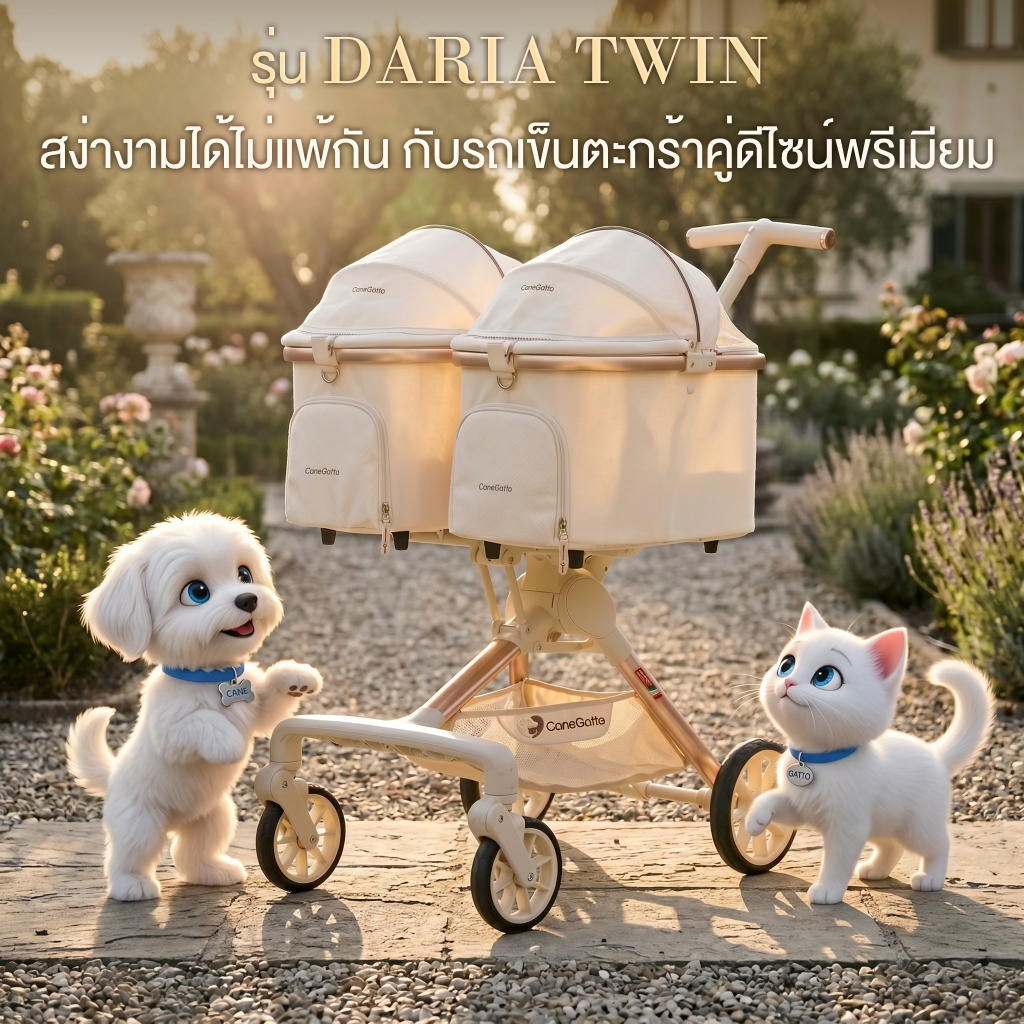 Canegatto รุ่น Daria Twin รถเข็นสัตว์เลี้ยงตะกร้าคู่ สุดพรีเมียม (รับน้ำหนักตะกร้าละ 10 กก.)