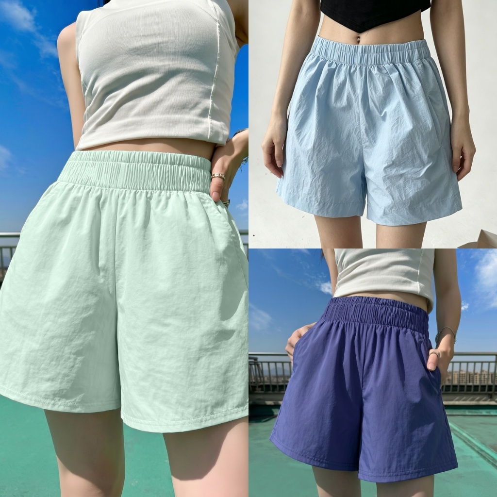 Beryl กางเกงขาสั้นขากว้างสีน้ำเงิน สไตล์ลำลองสำหรับผู้หญิง แบบพื้นฐาน ผ้าบาง แห้งเร็ว สวมใส่สบาย