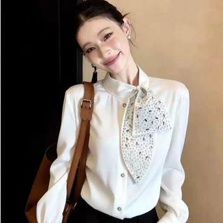99432ส่งจากไทย เสื้อเชิ้ตผ้าซาตินแขนยาวสไตล์หรูหรามีสายผูก ผู้หญิง มีเนคไทประดับลูกปัด สีพื้น คอปก เหมาะใส่ทำงานประจำวัน