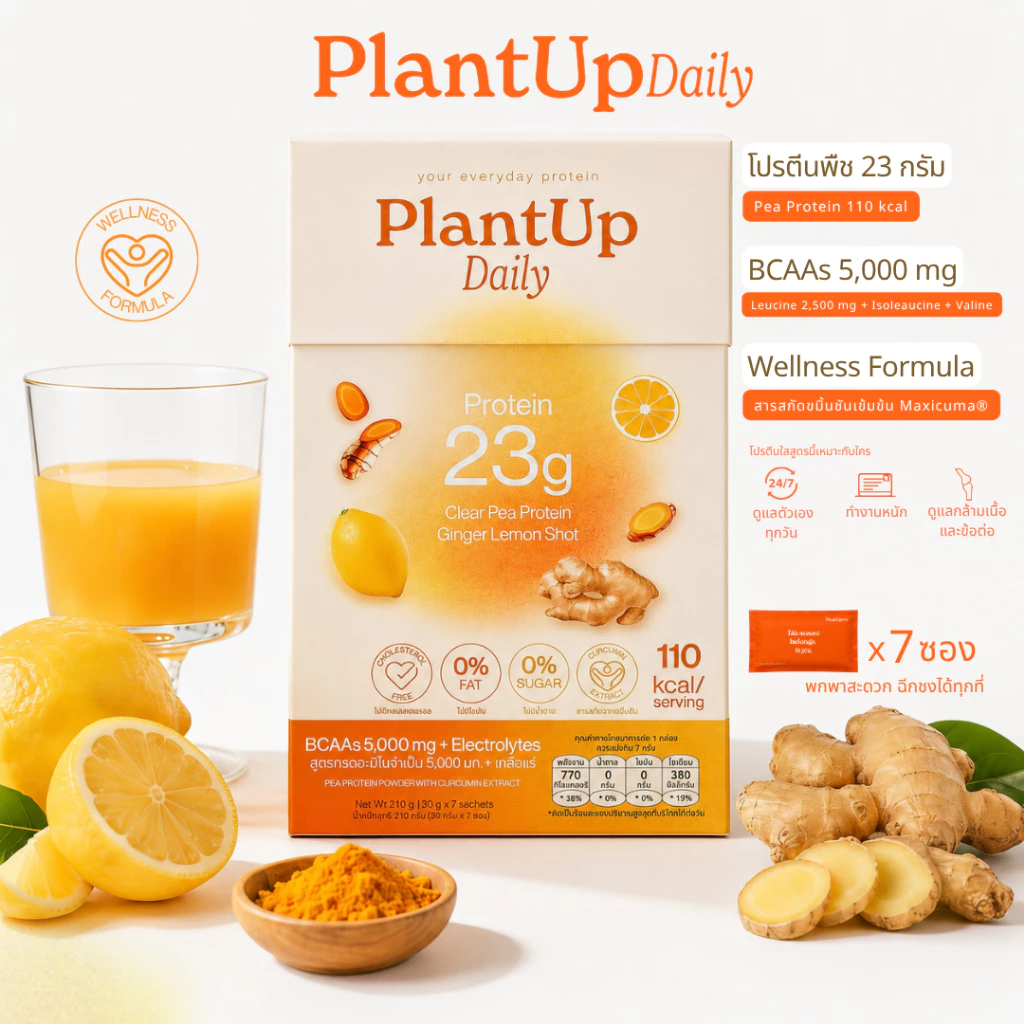 PlantUp Daily โปรตีนพืชใส Clear Pea Protein 23g รสขิงขมิ้นเลมอน BCAAs 5000mg Electrolytes ไม่มีน้ำตาล 7 ซอง 210g