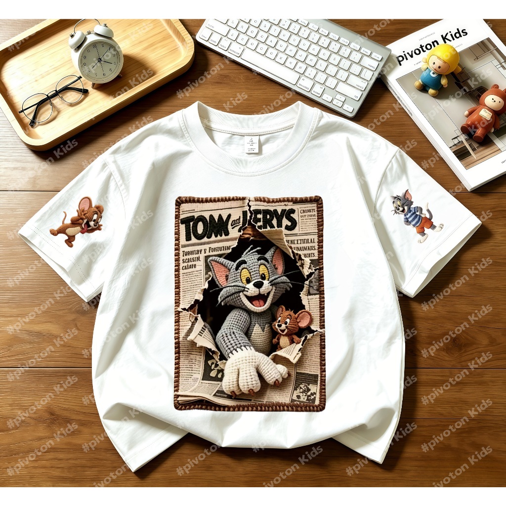 เสื้อยืดเด็กผู้ชาย ลายแมวหนูการ์ตูนสไตล์หนังสือพิมพ์วินเทจ พิมพ์ลุคปักหน้าอก+แขนทั้งสองข้าง ทรงหลวม