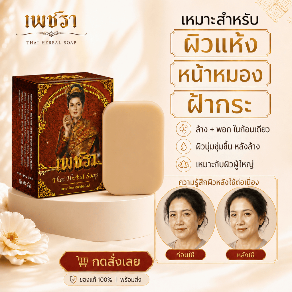 เพชรา(Phetchara) สบู่พอกหน้า ผิวใส  ผิวนุ่มตั้งแต่ล้างครั้งแรก ผิวชุ่มชื้น ไม่แห้งตึง พร้อมดูแลฝ้า กระ ริ้วรอย ขนาด 100g