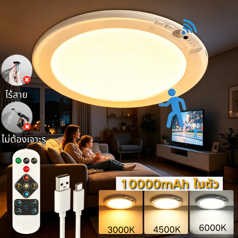 โคมไฟเพดาน LED Motion Sensor ไฟ led เพดาน โคมไฟเพดานรีโมท 3สี สไตล์โมเดิร์น สําหรับห้องนอน ห้องอ่านหนังสือ ห้องนั่งเล่น