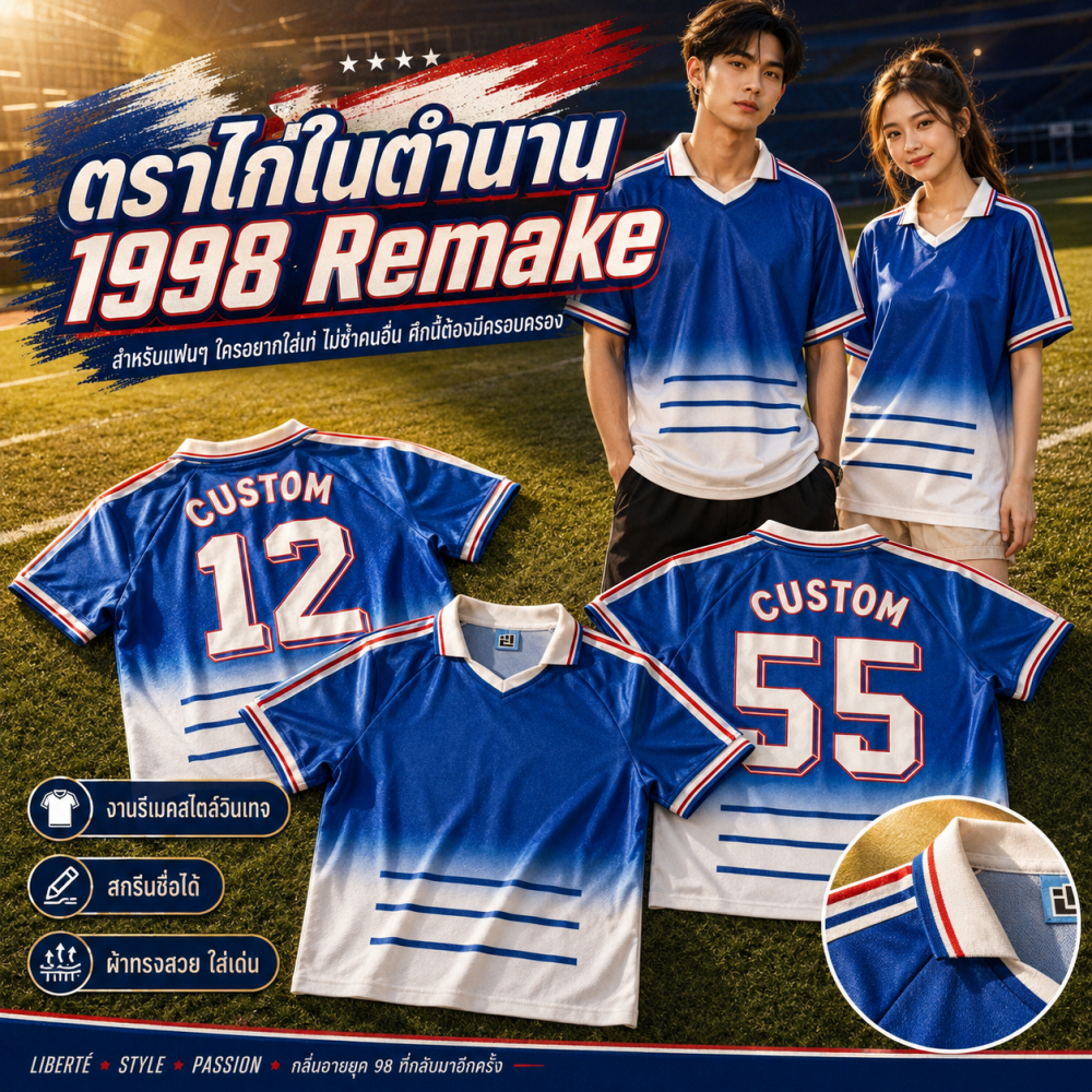 เสื้อฟุตบอล ตราไก่ปี 1998 Edition Home & Away Mix Design ทรง OVERSIZE สำหรับออกกำลังกายและกีฬา Sport ขนาด M-4XL