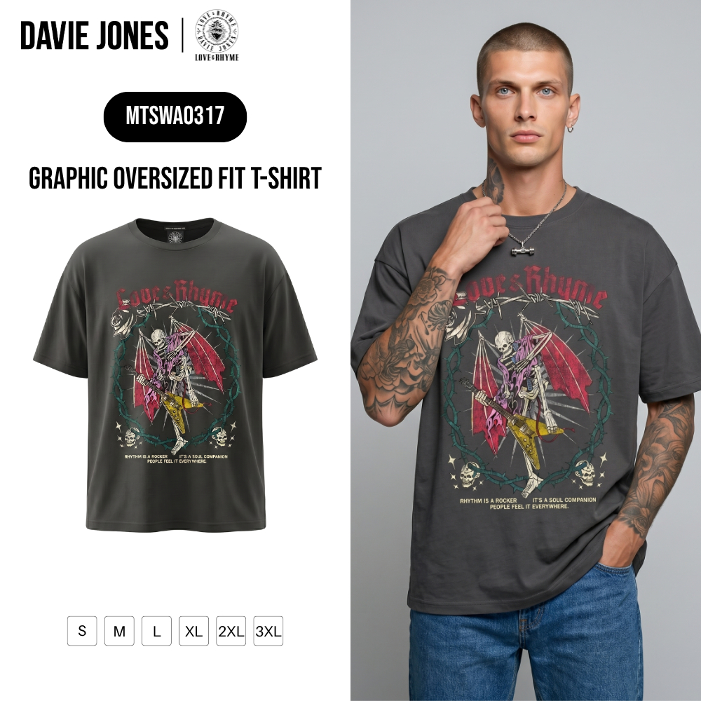 DAVIE JONES [LOVE & RHYME] เสื้อยืดผู้ชาย Graphic Oversized  Fit T-Shirt  สีเทา WA0317