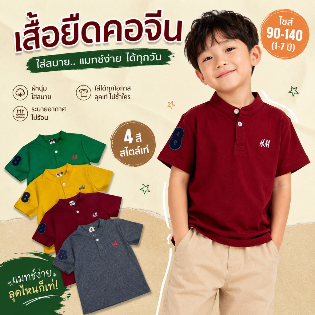 เสื้อเด็กผู้ชาย 1-7ปี งานปักเอ็ชแอนด์เอ็ม  คอจีน  ใส่สบาย ปักแน่นๆ สีสดใส