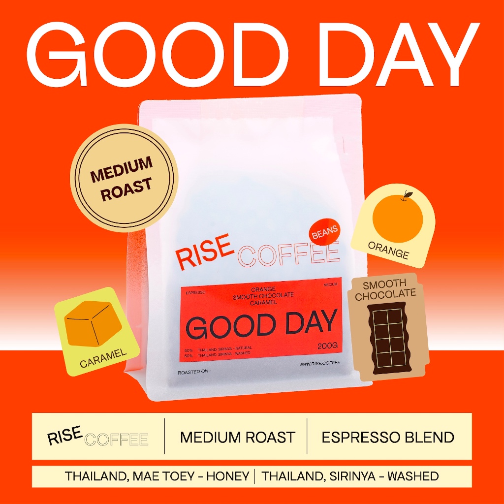 RISE COFFEE เมล็ดกาแฟคั่วกลาง GOOD DAY บาลานซ์ ทานง่าย เหมาะสำหรับทำกาแฟทุกเมนู