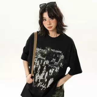 เสื้อยืดคอกลมลายพิมพ์แบรนด์ฮิต สไตล์อเมริกันไฮสตรีท ฤดูร้อน ใส่ได้ทั้งคู่รัก ทรงหลวมแขนสั้นผู้หญิง แต่งตัวแมตช์ง่าย
