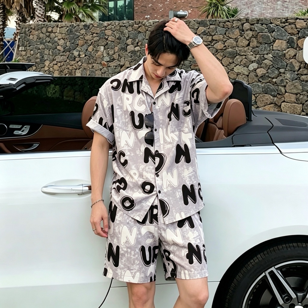 ชุดนอนผู้ชายสไตล์แฟชั่น สวมใส่ข้างนอกได้ ทำจากผ้าไหมอิตาลี เนื้อผ้านุ่มสบาย สัมผัสอ่อนโยนต่อผิว ระบายอากาศดี ลายพิมพ์ยอด