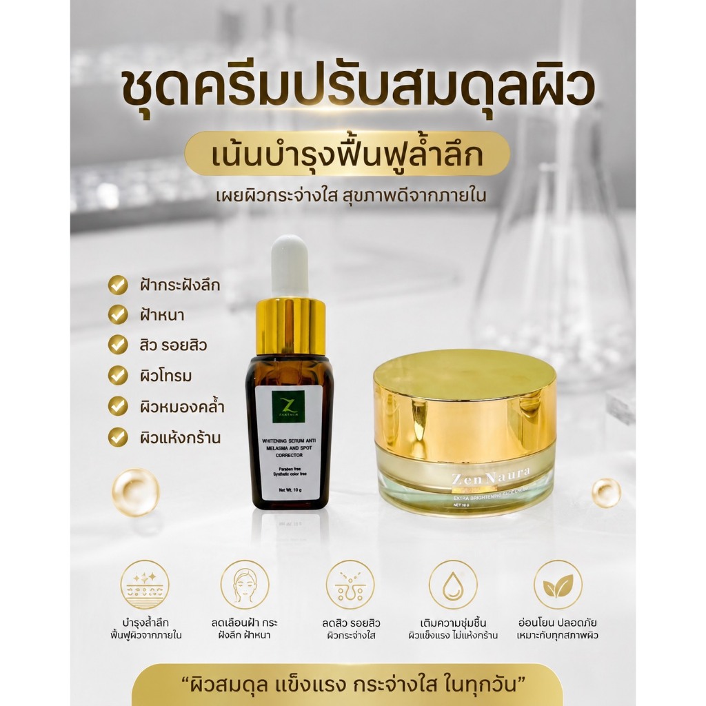 ชุดครีมปรับสมดุลผิว ฟื้นฟูผิวหน้า สิวรอยสิว  ฝ้ากระ จุดด่างดำ ผิวแพ้ง่าย หน้าพัง ติดสาร ผิวโทรม  [เซรั่ม10g1+โสม15g1]
