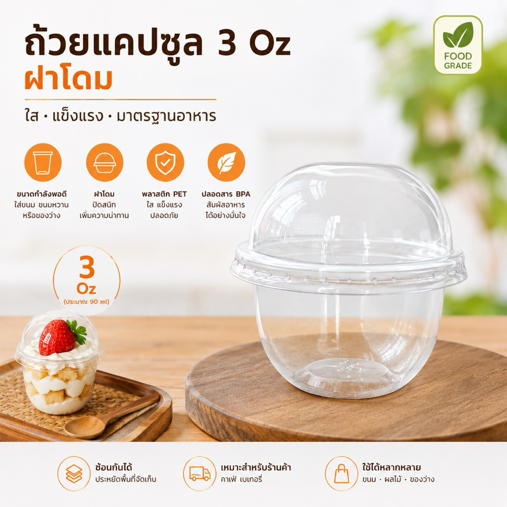 ถ้วยแคปซูล+ฝาโดม 3oz. ขนาด75mm. แพ็ค50ใบ ฝาล๊อค ใส่คัพเค้ก