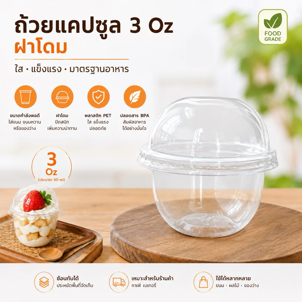 ถ้วยแคปซูล+ฝาโดม 3oz. ขนาด75mm. แพ็ค50ใบ ฝาล๊อค ใส่คัพเค้ก