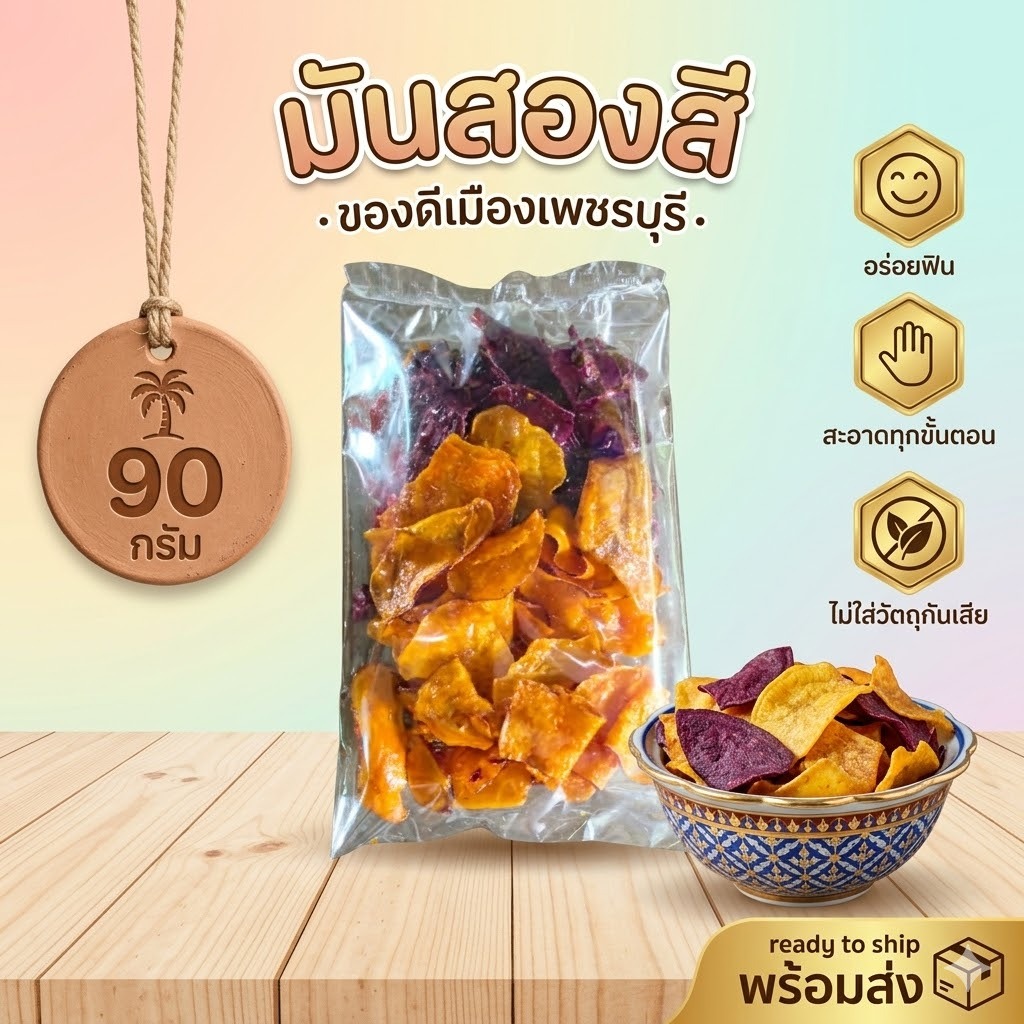 🍠 มันเทศทอดกรอบ 2 สี (มันม่วง+สีธรรมชาติ) 90 กรัม | หวาน มัน กรอบ อร่อย | ของดีเมืองเพชรบุรี | ของทานเล่น ดูหนัง แก้หิว