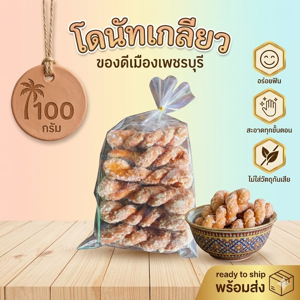 🍩 โดนัทเกลียวเคลือบน้ำตาล 100 กรัม | หนึบ นุ่ม หวานหอม เคี้ยวเพลิน | ของดีเมืองเพชรบุรี | ขนมทานเล่น ดูหนัง แก้หิว อร่อย