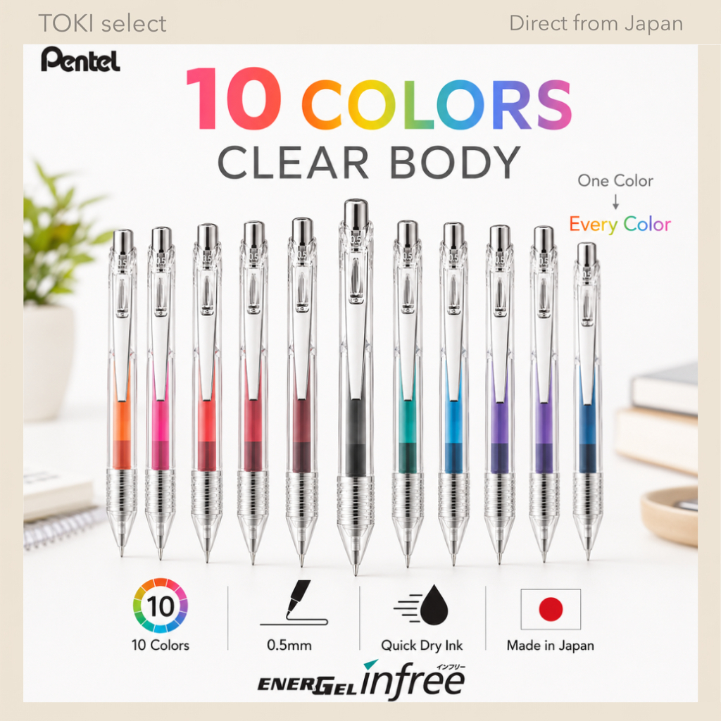 Pentel EnerGel infree Gel Pen Set 10 Colors Clear Body 0.4mm / 0.5mm / 0.7mm BLN74TL BLN75TL BL77TL